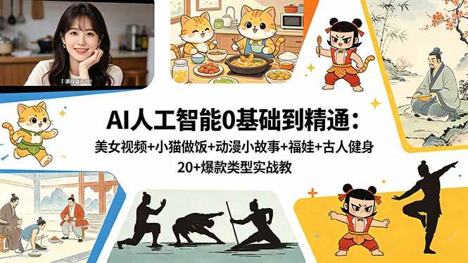 (18685期)AI人工智能0基础到精通:美女视频+小猫做饭+动漫小故事+福娃+古人健身,20+爆款类型实战教学-优优云网创