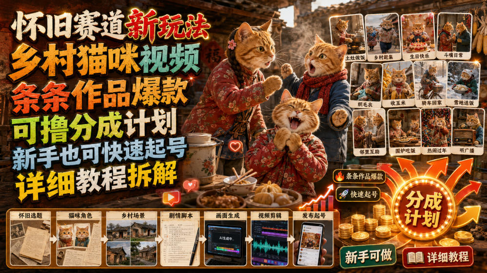 怀旧赛道新玩法,乡村猫咪视频,条条作品爆款,可撸分成计划,新手也可快速起号,详细教程拆解-优优云网创