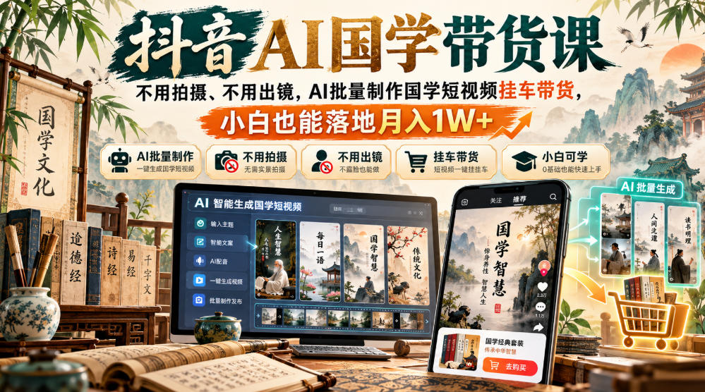 抖音AI国学带货课,不用拍摄、不用出镜,AI批量制作国学短视频挂车带货,小白也能落地月入1W+-优优云网创-中创网