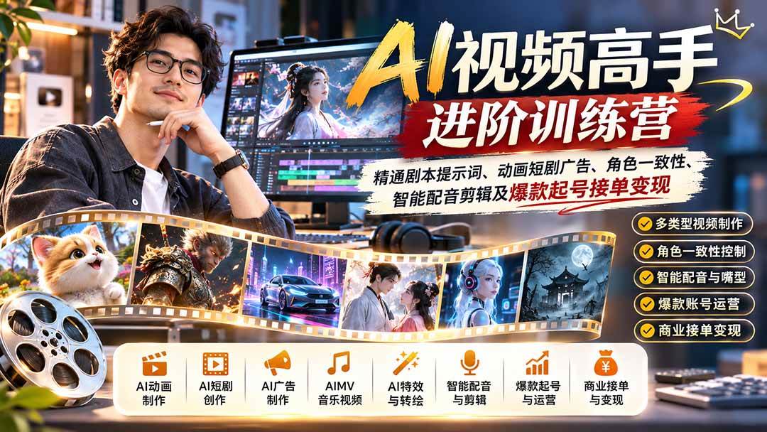 （21174期）AI视频高手进阶训练营：精通剧本提示词、动画短剧广告、角色一致性、智能配音剪辑及爆款起号接单变现