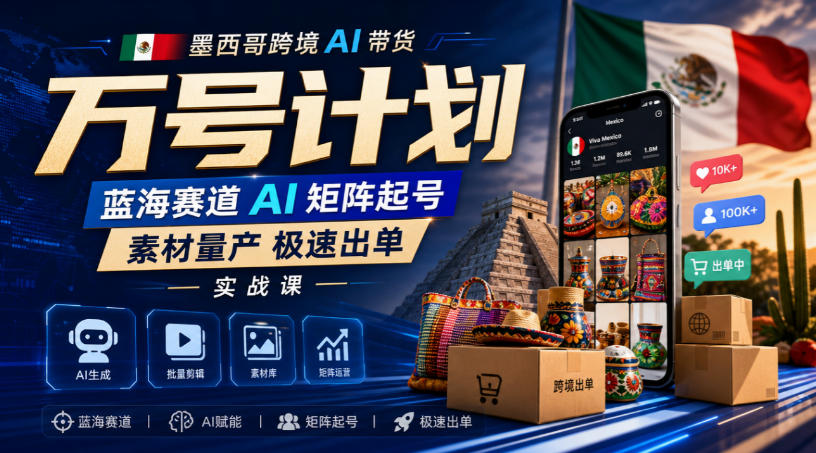 墨西哥跨境AI带货万号计划,蓝海赛道AI矩阵起号,素材量产极速出单实战课-优优云网创-中创网