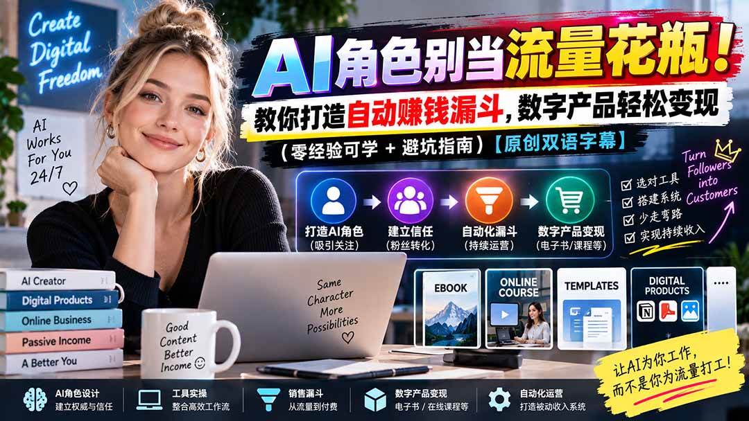 （20475期）AI角色别当流量花瓶！教你打造自动赚钱漏斗，数字产品轻松变现（零经验可学+避坑指南）【原创双语字幕】-优优云网创-中创网