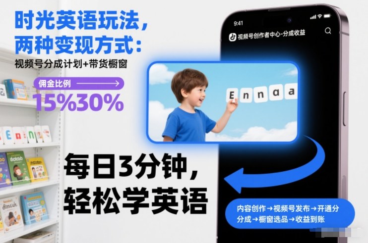 时光英语玩法,两种变现方式:视频号分成计划+带货橱窗-优优云网创