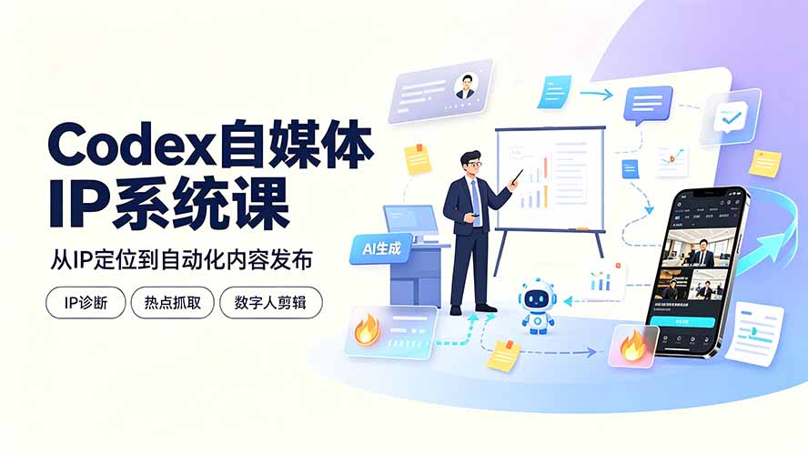 Codex自媒体IP系统课:IP诊断/热点抓取/IP蒸馏 Skill,爆款复刻数字人多平台自动发布教程-优优云网创