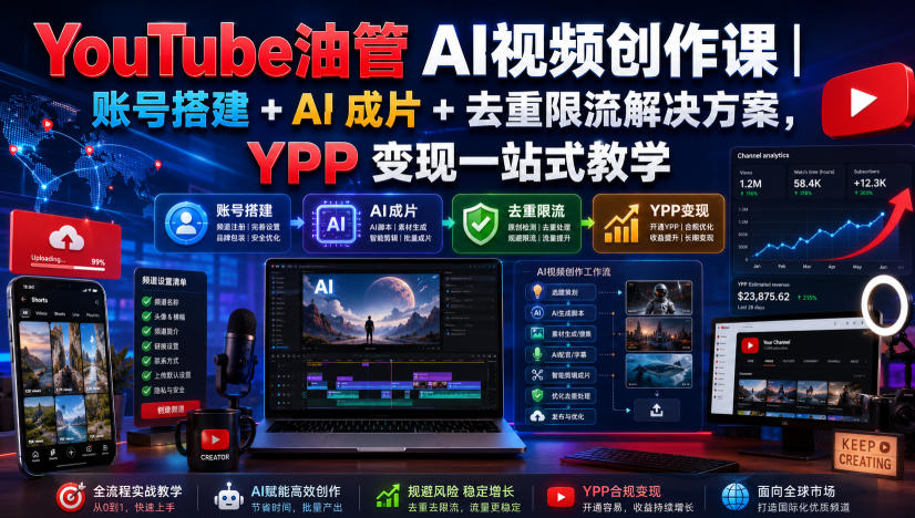 YouTube油管AI视频创作课|账号搭建+AI成片+去重限流解决方案,YPP变现一站式教学-优优云网创