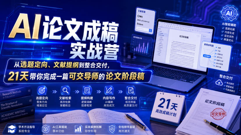 AI论文成稿实战营，从选题定向、文献提纲到整合交付，21天带你完成一篇可交导师的论文阶段稿-优优云网创