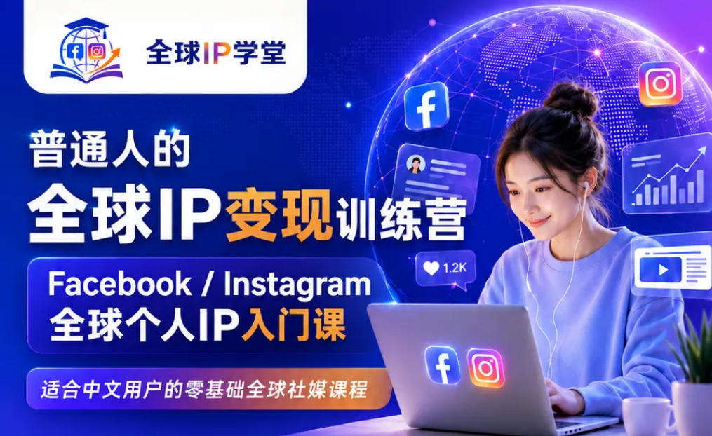 普通人的全球IP变现训练营,Facebook/Instagram全球个人IP入门课,零基础全球社媒课程-优优云网创