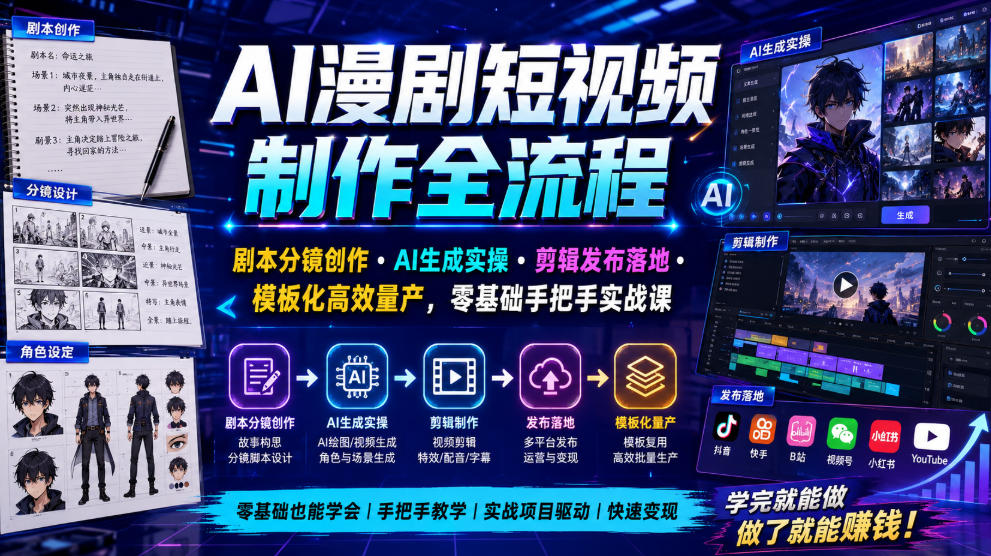 AI漫剧短视频制作全流程|剧本分镜创作・AI生成实操・剪辑发布落地・模板化高效量产,零基础手把手实战课-优优云网创