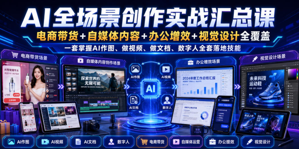 AI全场景创作实战汇总课|电商带货+自媒体内容+办公增效+视觉设计全覆盖,一套掌握AI作图、做视频、做文档、数字人全套落地技能-优优云网创