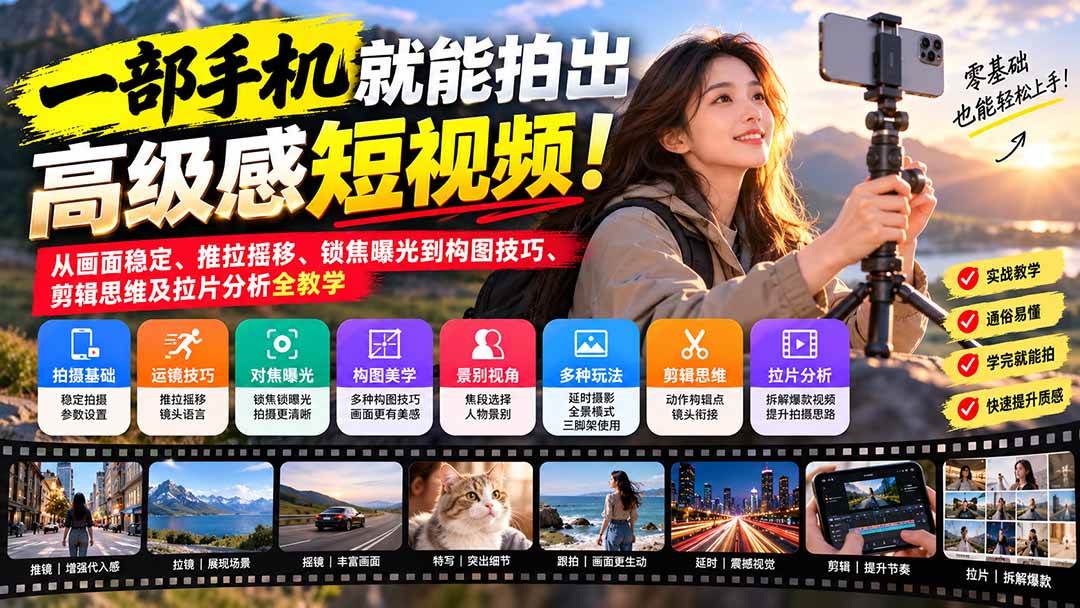 (21272期)一部手机就能拍出高级感短视频!从画面稳定、推拉摇移、锁焦曝光到构图技巧、剪辑思维及拉片分析全教学-优优云网创-中创网