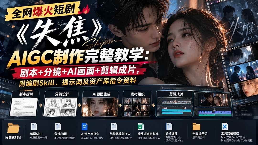 （20805期）全网爆火短剧《失焦》AIGC制作完整教学：剧本+分镜+AI画面+剪辑成片，附编剧Skill、提示词及资产库指令资料-优优云网创-中创网