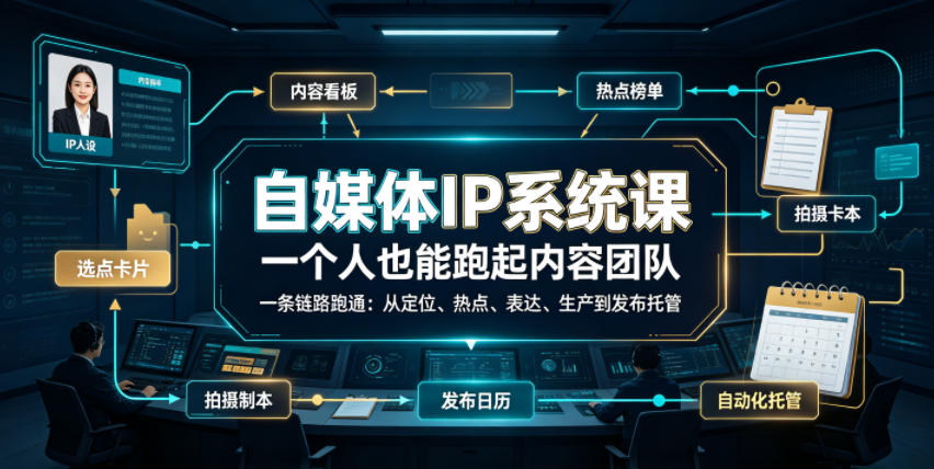 自媒体IP系统课,一个人也能跑起内容团队,一条链路跑通,从定位、热点、表达、生产到发布托管-优优云网创
