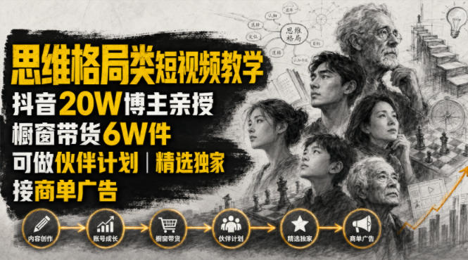 人性思维格局类短视频教学,抖音20W博主亲授,橱窗带货6W件,可做伙伴计划、精选独家、接商单广告-优优云网创