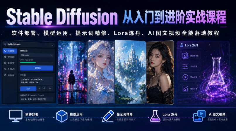 Stable Diffusion从入门到进阶实战课程|软件部署、模型运用、提示词精修、Lora炼丹、AI图文视频全能落地教程-优优云网创