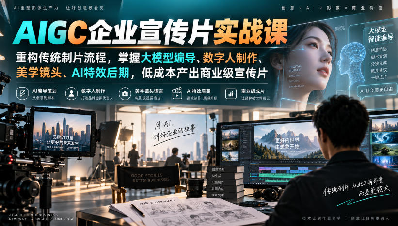 AIGC企业宣传片实战课,重构传统制片流程,掌握大模型编导、数字人制作、美学镜头、AI特效后期,低成本产出商业级宣传片 AIGC企业宣传片实战课,重构传统制片流程,掌握大模型编导、数字人制作、美学镜头、AI特效后期,低成本产出商业级宣传片