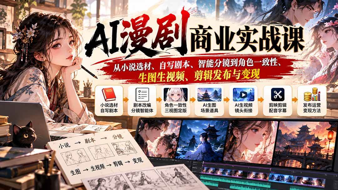 （20811期）AI漫剧商业实战课：从小说选材、自写剧本、智能分镜到角色一致性、生图生视频、剪辑发布与变现-优优云网创-中创网