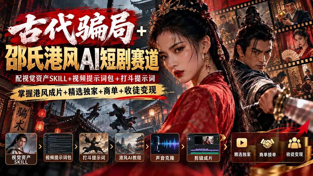 (20684期)古代骗局+邵氏港风AI短剧赛道:配视觉资产SKILL+视频提示词包+打斗提示词,掌握港风成片+精选独家+商单+收徒变现-优优云网创-中创网