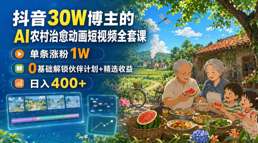 抖音30W博主的AI农村治愈动画短视频全套课｜单条涨粉1W，0基础解锁伙伴计划+精选收益，日入400+-优优云网创