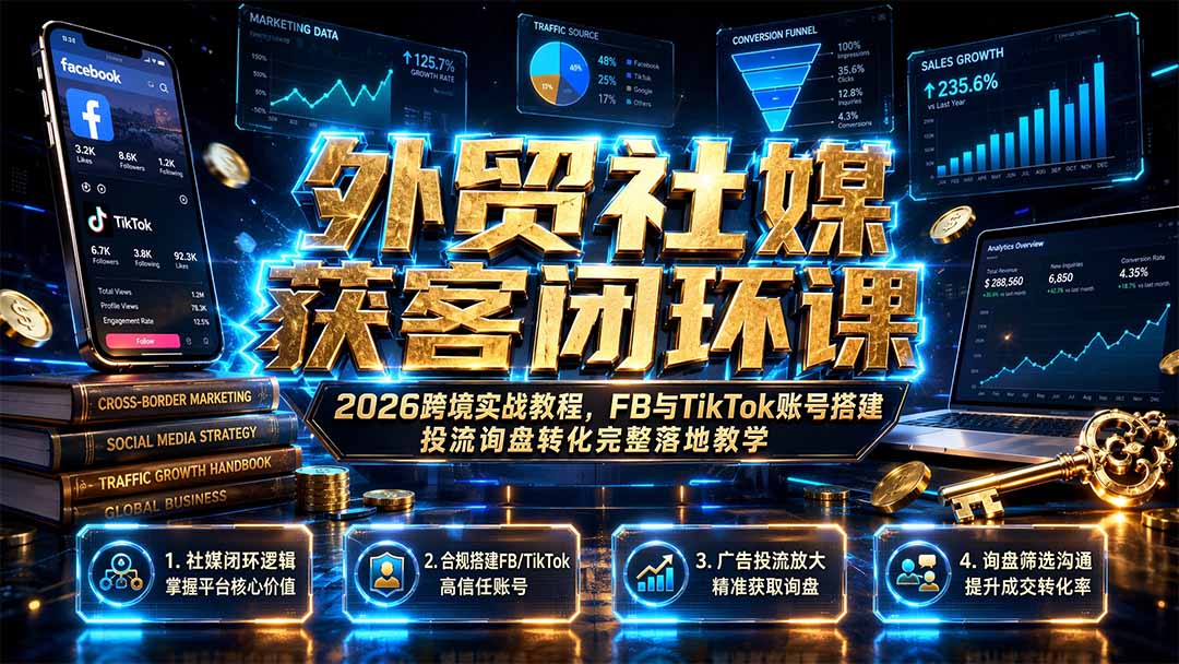 外贸社媒获客闭环课|2026跨境实战教程,FB与TikTok账号搭建投流询盘转化完整落地教学-优优云网创