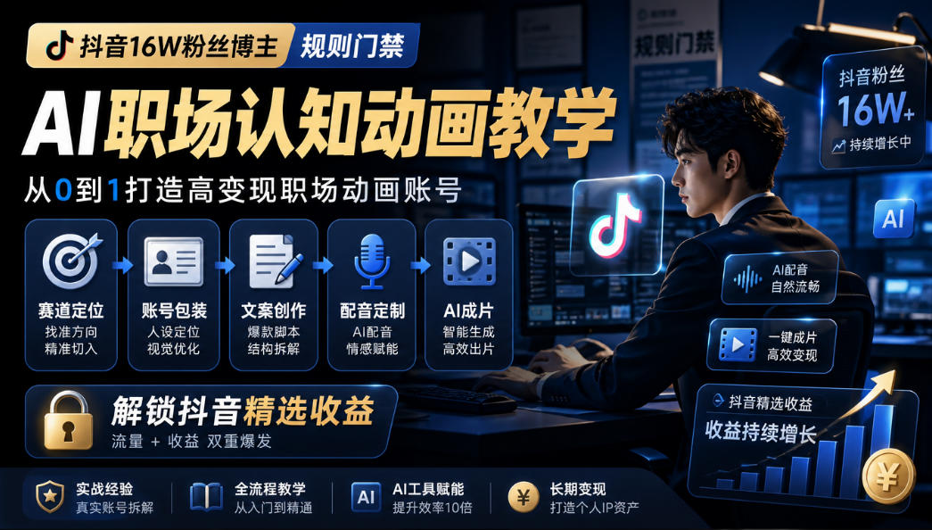 抖音16W粉丝博主规则门禁的AI职场认知动画教学,从赛道定位、账号包装,到文案创作、配音定制、AI成片,解锁抖音精选收益-优优云网创-中创网