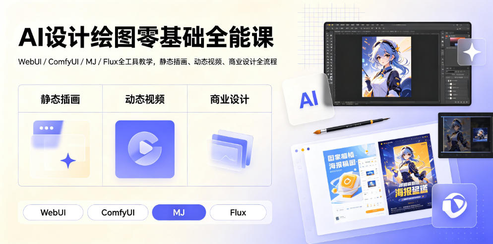 AI设计绘图零基础全能课|WebUI/ComfyUI/MJ/Flux全工具教学,静态插画、动态视频、商业设计全流程-优优云网创