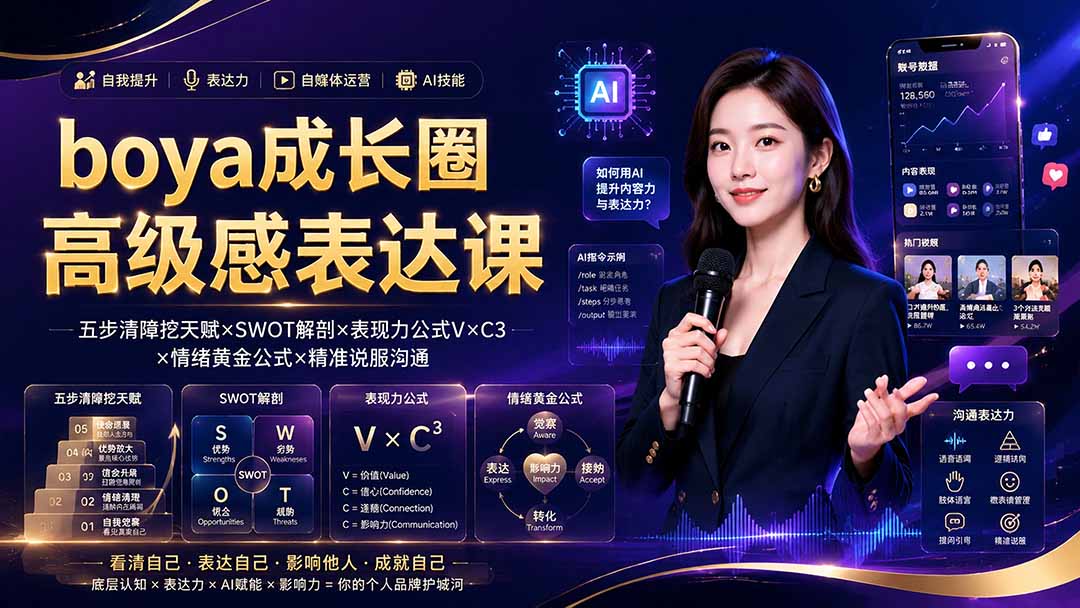boya成长圈|内心成长高级表达AI自媒体三合一,消解内耗挖掘天赋,镜头沟通AI指令短视频全流程教学-优优云网创
