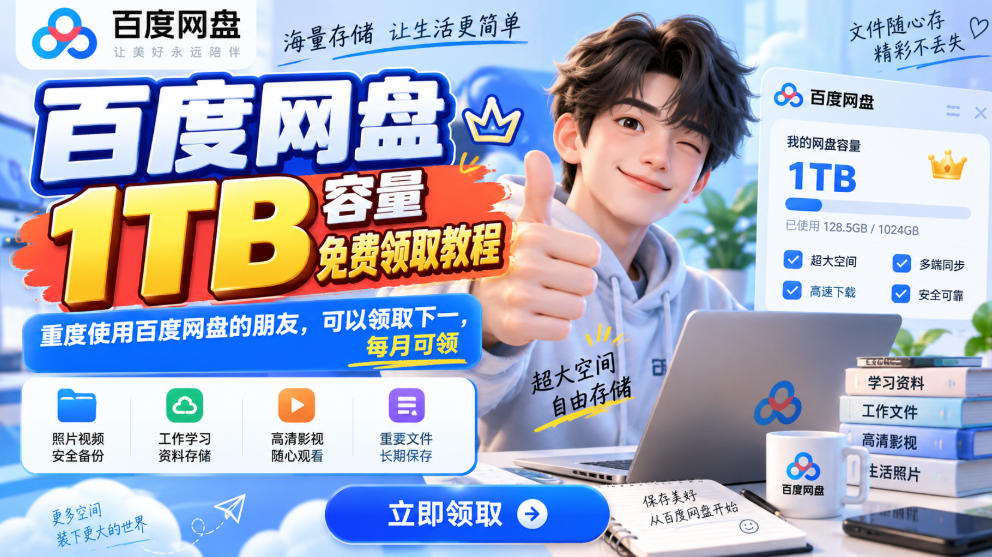 百度网盘1TB容量免费领取教程，重度使用百度网盘的朋友，可以领取下一，每月可领-优优云网创-中创网