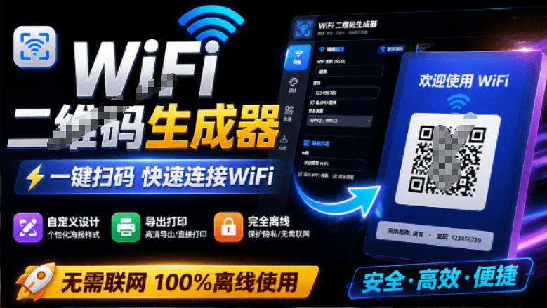 完全离线使用!WiFi二维码生成器,一键扫码快速连接WiFi,支持自定义风格导出WiFi二维码生成器-优优云网创