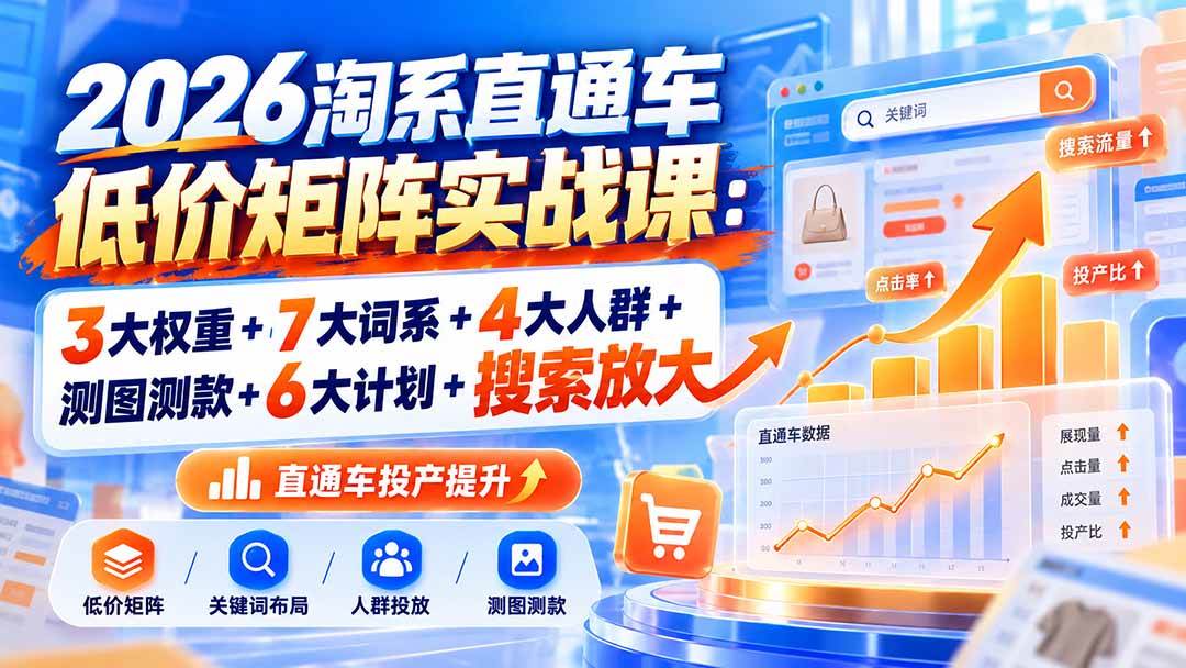 (20761期)2026淘系直通车低价矩阵实战课:3大权重+7大词系+4大人群+测图测款+6大计划+搜索放大-优优云网创-中创网