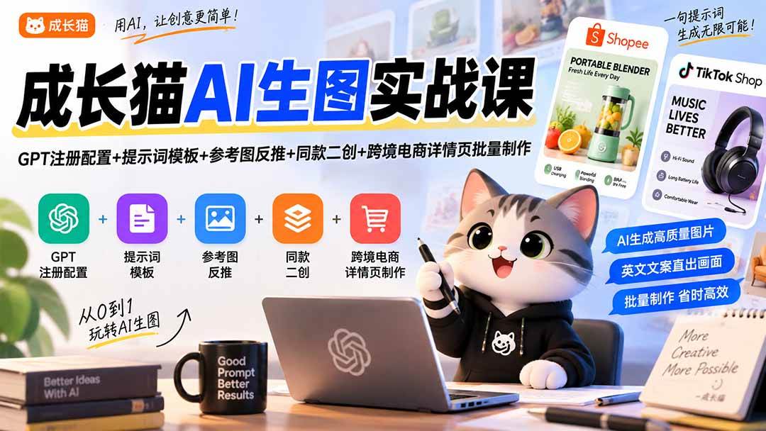 (20482期)成长猫AI生图实战课|GPT注册配置+提示词模板+参考图反推+同款二创+跨境电商详情页批量制作-优优云网创-中创网