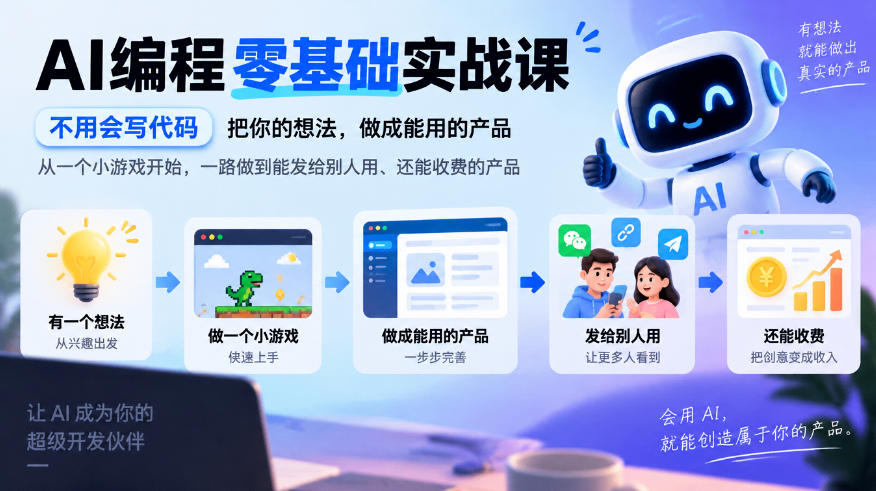 AI编程零基础实战课,不用会写代码,把你的想法,做成能用的产品,从一个小游戏开始,一路做到能发给别人用、还能收费的产品 AI编程零基础实战课,不用会写代码,把你的想法,做成能用的产品,从一个小游戏开始,一路做到能发给别人用、还能收费的产品