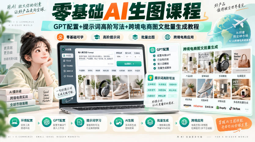 零基础AI生图课程,GPT配置+提示词高阶写法+跨境电商图文批量生成教程-优优云网创-中创网