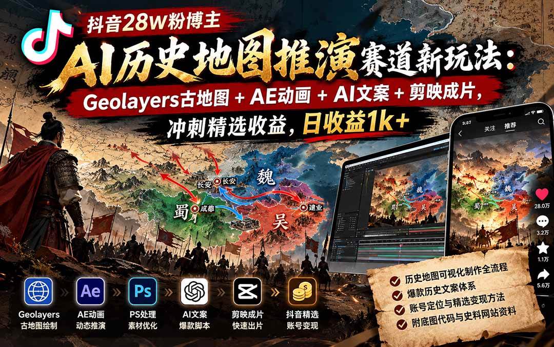 （20809期）抖音28W粉博主AI历史地图推演赛道新玩法：Geolayers古地图+AE动画+AI文案+剪映成片，冲刺精选收益，日收益1k+-优优云网创-中创网