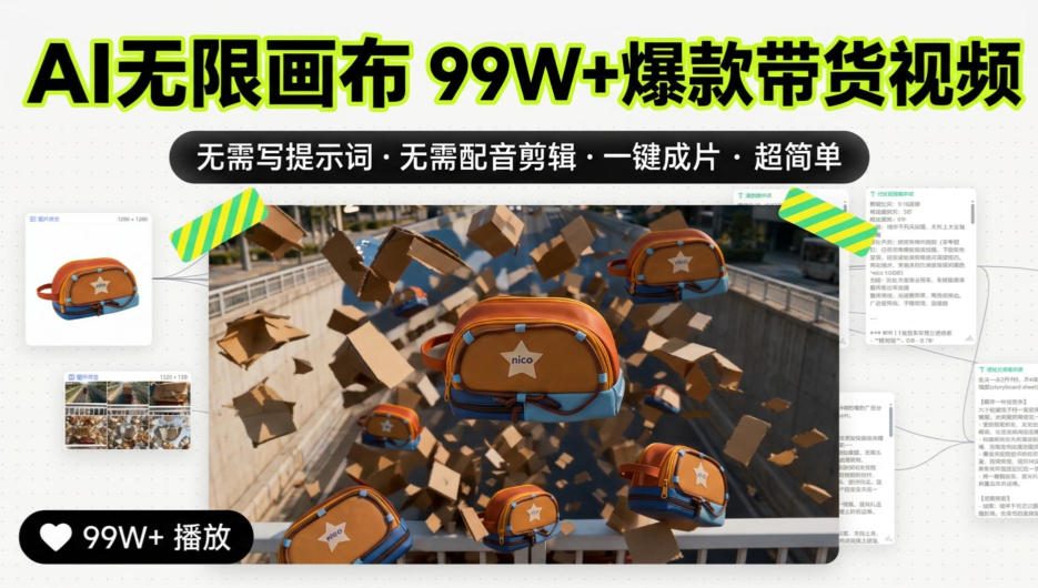 AI无限画布99W+爆款带货视频,无需写提示词·无需配音剪辑·一键成片·超简单-优优云网创-中创网