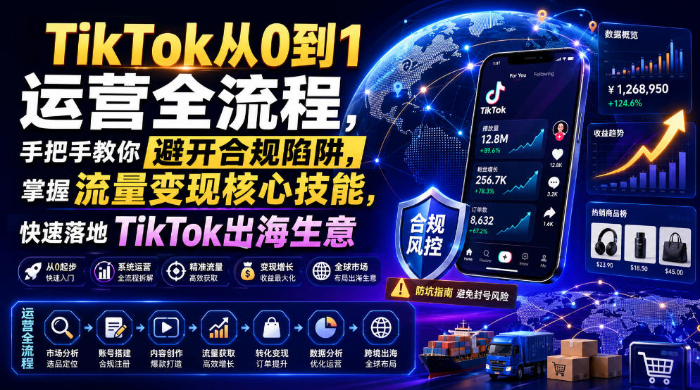 TikTok从0到1运营全流程，手把手教你避开合规陷阱，掌握流量变现核心技能，快速落地TikTok出海生意(更新7月)-优优云网创