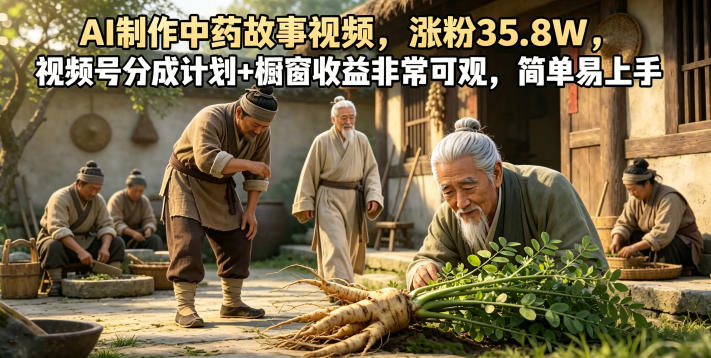 AI制作中药故事视频，涨粉35.8W，视频号分成计划+橱窗收益非常可观，简单易上手-优优云网创