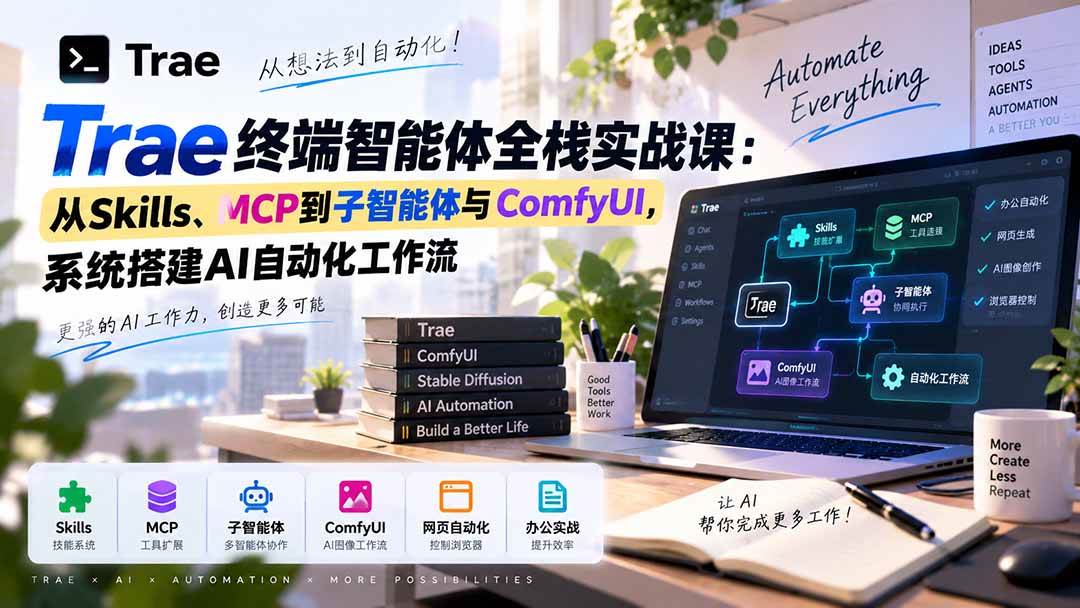 （20389期）Trae终端智能体全栈实战课：从Skills、MCP到子智能体与ComfyUI，系统搭建AI自动化工作流-优优云网创-中创网