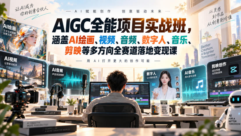 AIGC全能项目实战班,涵盖AI绘画、视频、音频、数字人、音乐、剪映等多方向全赛道落地变现课-优优云网创-中创网