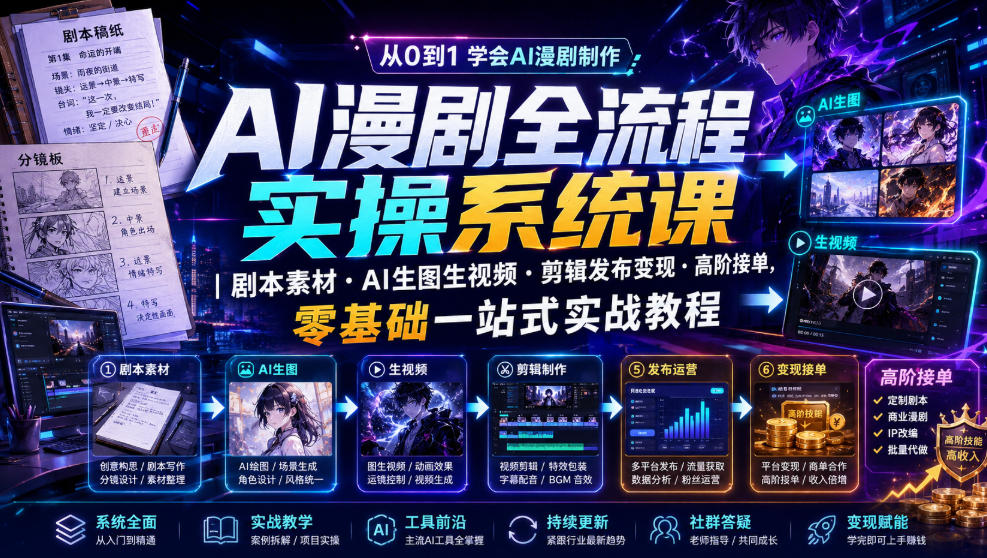 AI漫剧全流程实操系统课|剧本素材・AI生图生视频・剪辑发布变现・高阶接单,零基础一站式实战教程-优优云网创