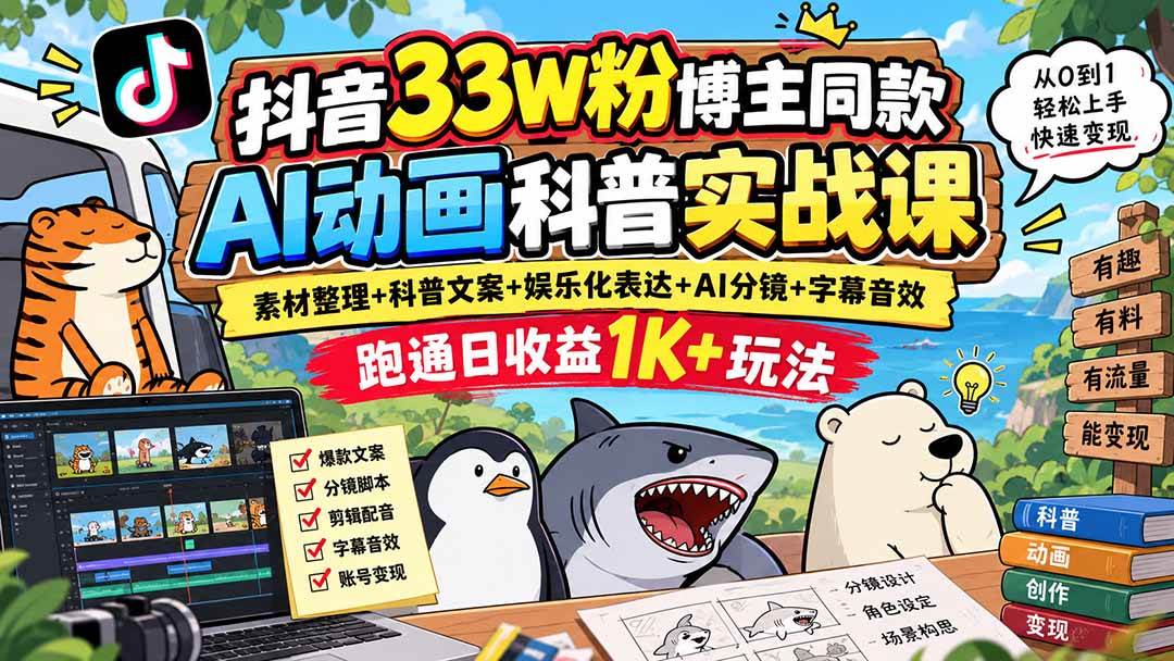 (20510期)抖音33W粉博主同款AI动画科普实战课|素材整理+科普文案+娱乐化表达+AI分镜+字幕音效,跑通日收益1K+玩法-优优云网创-中创网