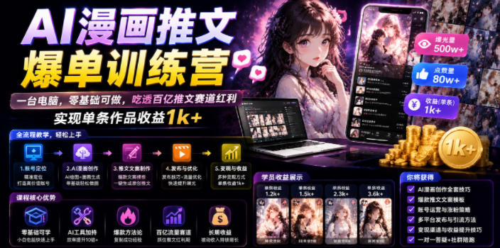 AI漫画推文爆单训练营,一台电脑,零基础可做,吃透百亿推文赛道红利,实现单条作品收益1k+-优优云网创