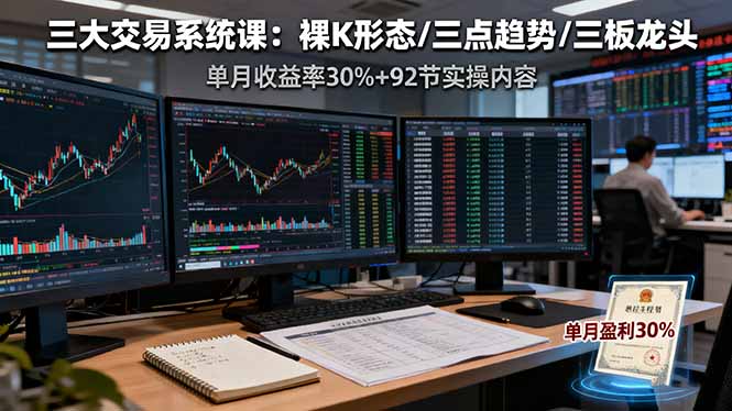三大交易系统课：裸K形态/三点趋势/三板体系，单月收益率30%+92节实操内容-优优云网创