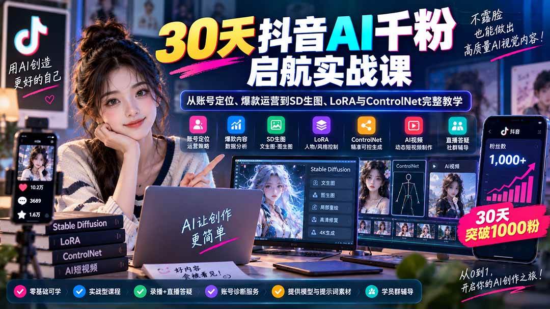 (20291期)30天抖音AI千粉启航实战课:从账号定位、爆款运营到SD生图、LoRA与ControlNet完整教学-优优云网创-中创网