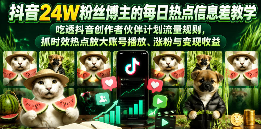 抖音24W粉丝博主的每日热点信息差教学,吃透创作者伙伴计划流量规则,抓时效热点放大账号播放、涨粉与变现收益(更新)-优优云网创