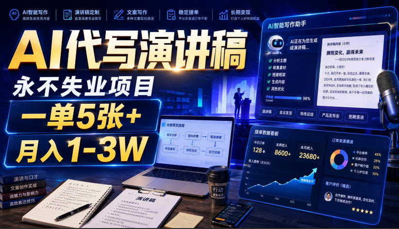AI代写演讲稿,永不失业项目,一单5张+,月入1-3W【揭秘】-优优云网创