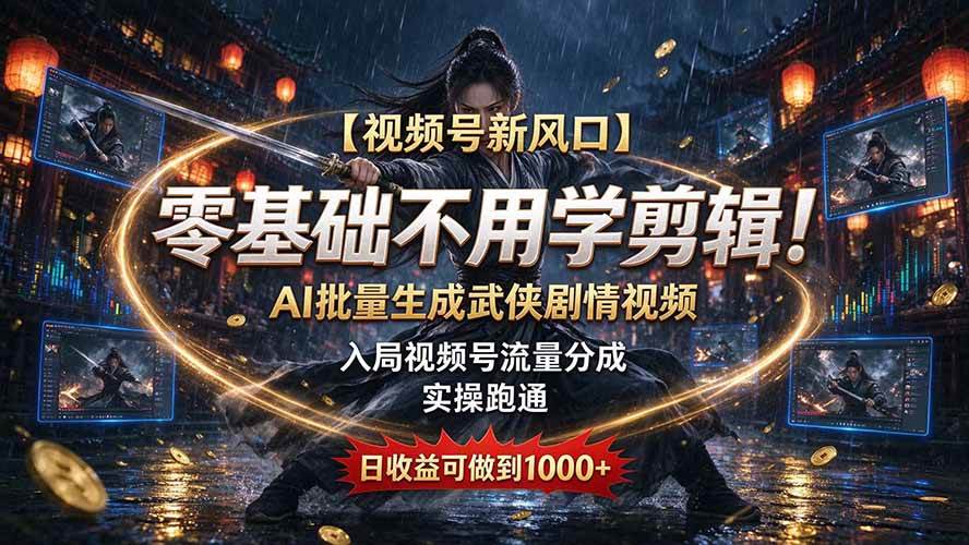 (20780期)【视频号新风口】零基础不用学剪辑!AI 批量生成武侠剧情视频,入局视频号流量分成,实操跑通,日收益可做到 1000+-优优云网创-中创网