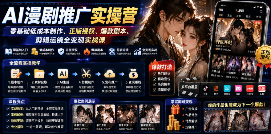 AI漫剧推广实操营|零基础低成本制作、正版授权、爆款剧本、剪辑运镜全变现实战课-优优云网创