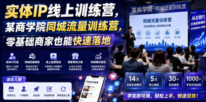 实体IP线上训练营，某商学院同城流量训练营，零基础商家也能快速落地-优优云网创