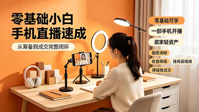 零基础小白手机直播速成，从筹备到成交完整闭环，适配苹果安卓系统，解决杂音卡顿留人难问题-优优云网创