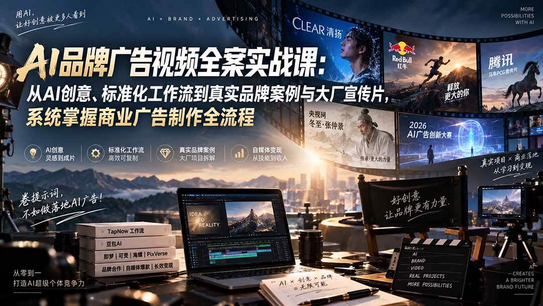 (20394期)AI品牌广告视频全案实战课:从AI创意、标准化工作流到真实品牌案例与大厂宣传片,系统掌握商业广告制作全流程-优优云网创-中创网